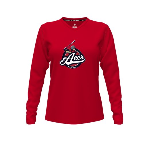 [FTLVPTRD-FYXS-LOGO1] Decker Performance T-Shirt (Female Youth XS, Red, V Neck, Logo 1, Long Sleeve)