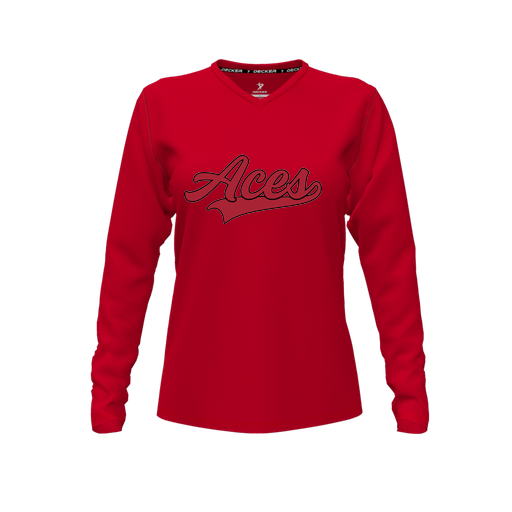 [FTLVPTRD-FYXS-LOGO3] Decker Performance T-Shirt (Female Youth XS, Red, V Neck, Logo 3, Long Sleeve)